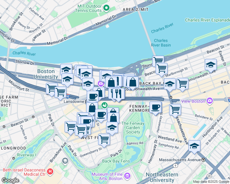 map of restaurants, bars, coffee shops, grocery stores, and more near 35-37 Lansdowne Street in Boston