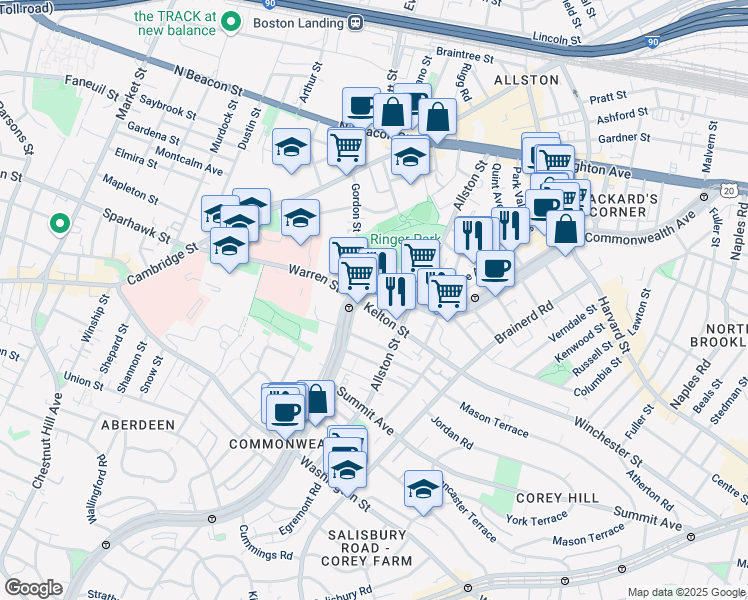 map of restaurants, bars, coffee shops, grocery stores, and more near 153 Kelton Street in Boston