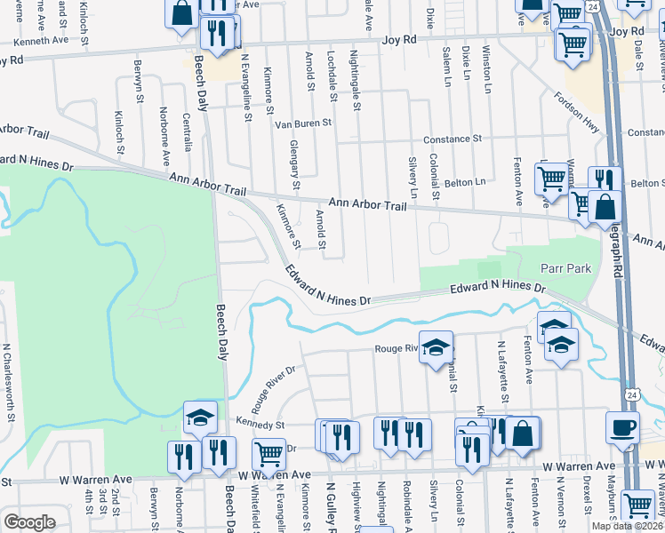 map of restaurants, bars, coffee shops, grocery stores, and more near 8004 Lochdale Street in Dearborn Heights