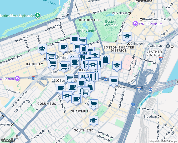 map of restaurants, bars, coffee shops, grocery stores, and more near 143 Arlington Street in Boston