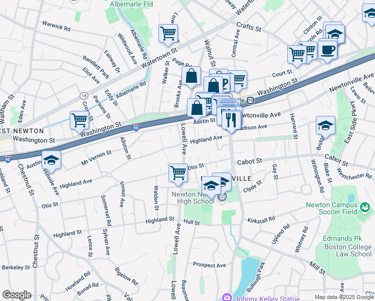 map of restaurants, bars, coffee shops, grocery stores, and more near 269 Lowell Avenue in Newton