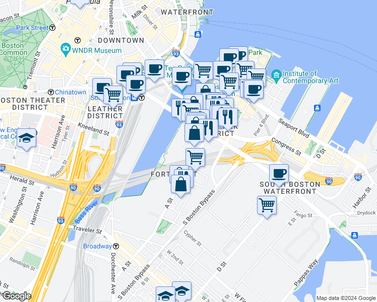 map of restaurants, bars, coffee shops, grocery stores, and more near 10 Necco Street in Boston