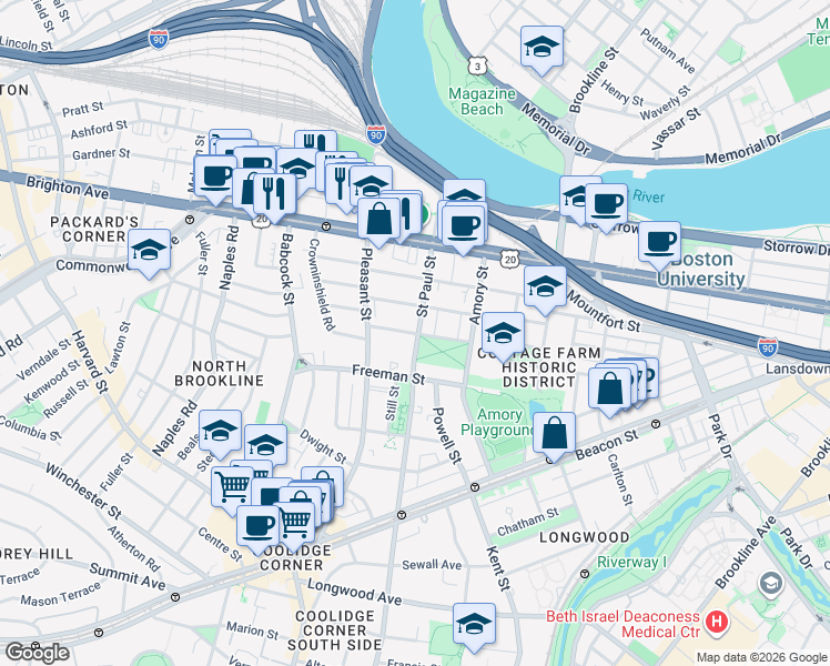map of restaurants, bars, coffee shops, grocery stores, and more near in Brookline