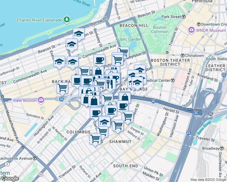 map of restaurants, bars, coffee shops, grocery stores, and more near 209 Columbus Avenue in Boston