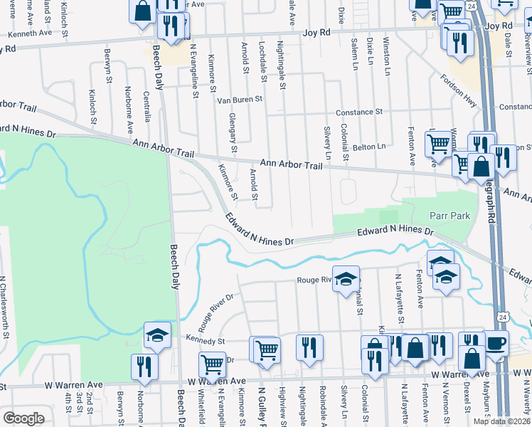 map of restaurants, bars, coffee shops, grocery stores, and more near 8004 Lochdale Street in Dearborn Heights