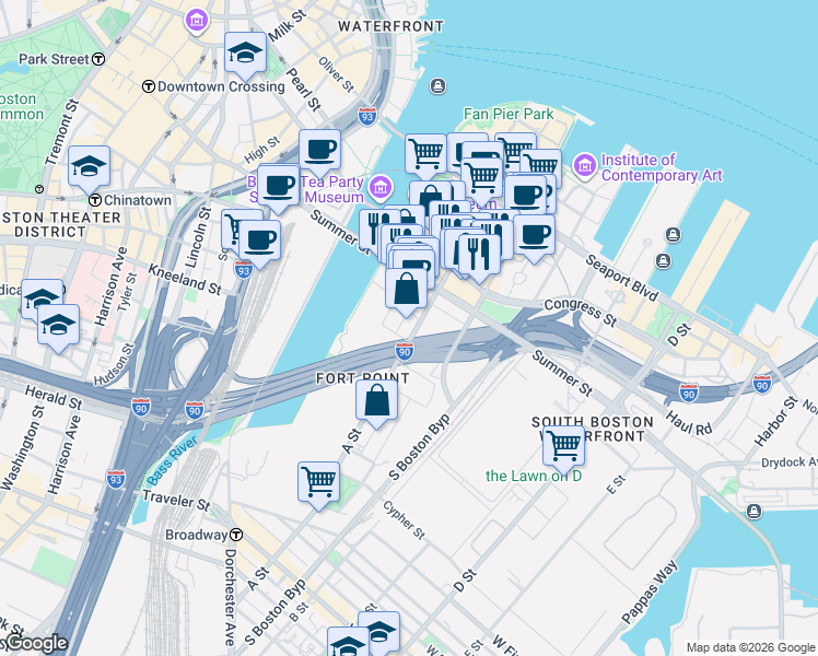 map of restaurants, bars, coffee shops, grocery stores, and more near 300 A Street in Boston