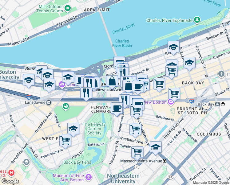 map of restaurants, bars, coffee shops, grocery stores, and more near 427 Newbury Street in Boston