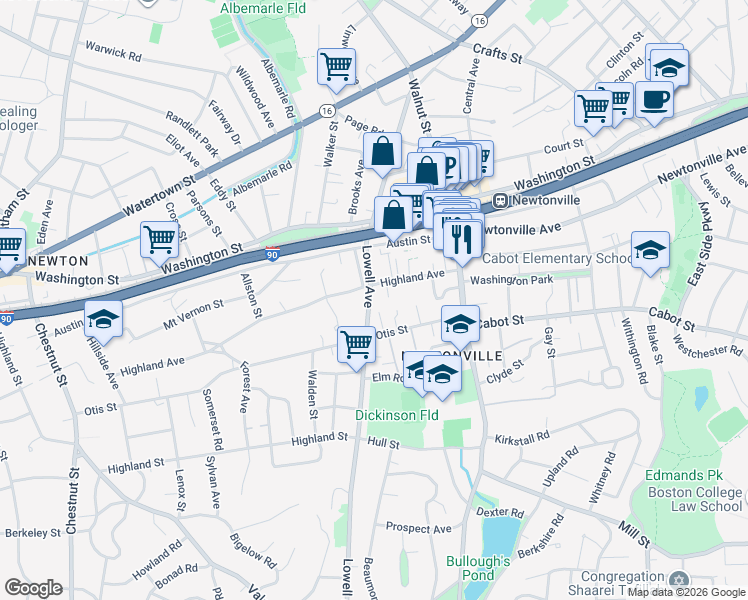 map of restaurants, bars, coffee shops, grocery stores, and more near 256 Lowell Avenue in Newton