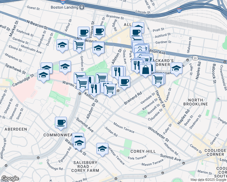 map of restaurants, bars, coffee shops, grocery stores, and more near 1343 Commonwealth Avenue in Boston