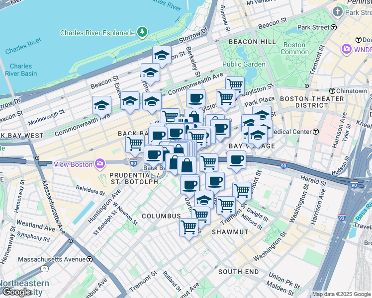 map of restaurants, bars, coffee shops, grocery stores, and more near 58 Trinity Place in Boston