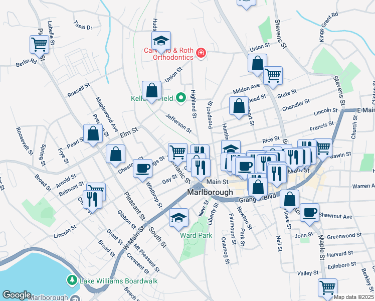 map of restaurants, bars, coffee shops, grocery stores, and more near 303 Lincoln Street in Marlborough