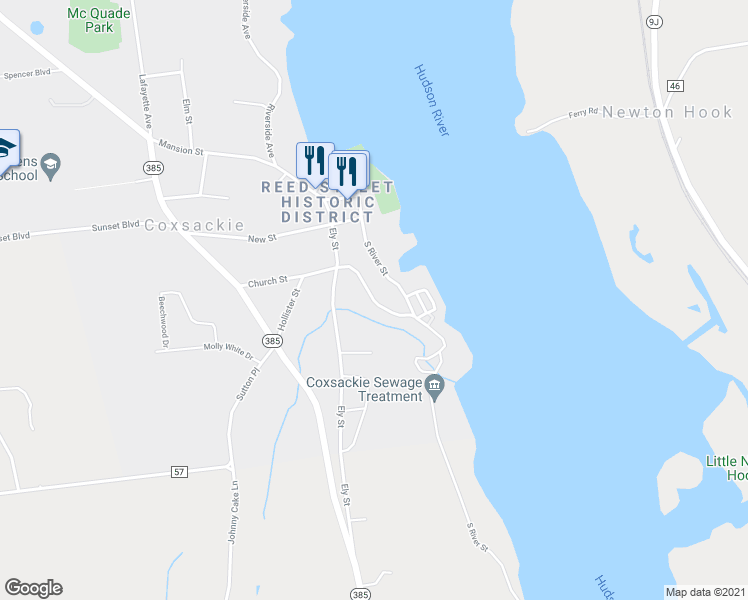map of restaurants, bars, coffee shops, grocery stores, and more near 17 Church Street in Coxsackie
