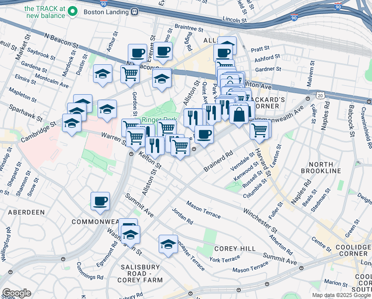 map of restaurants, bars, coffee shops, grocery stores, and more near 1348 Commonwealth Avenue in Boston
