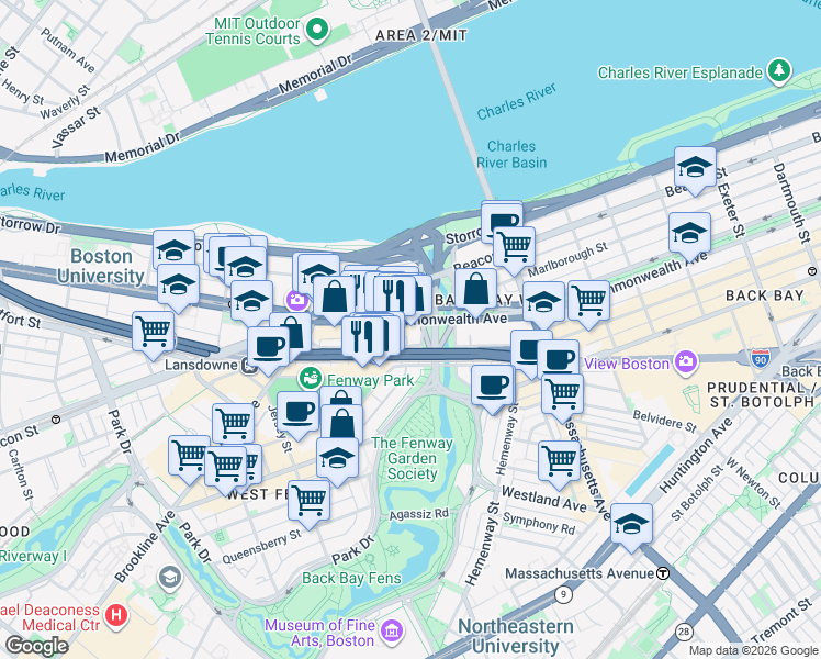 map of restaurants, bars, coffee shops, grocery stores, and more near 466 Commonwealth Avenue in Boston