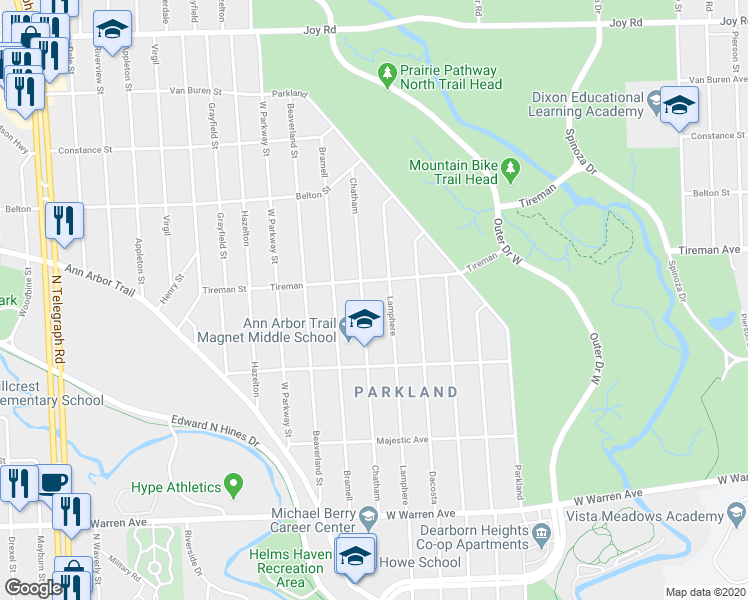 map of restaurants, bars, coffee shops, grocery stores, and more near 7748 Chatham in Redford Charter Township