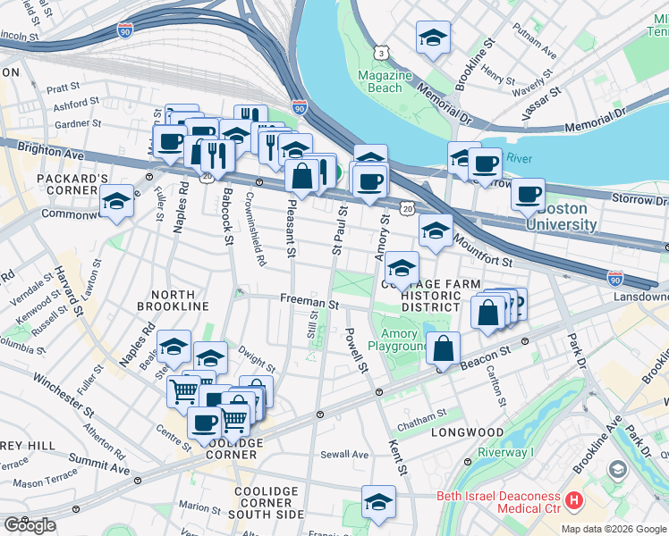 map of restaurants, bars, coffee shops, grocery stores, and more near in Brookline