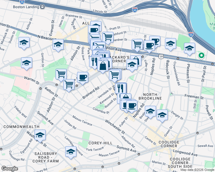 map of restaurants, bars, coffee shops, grocery stores, and more near 16 Verndale Street in Brookline