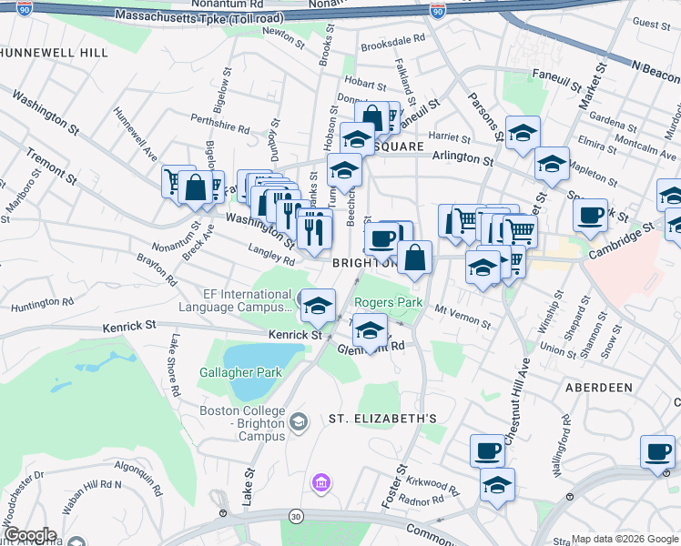 map of restaurants, bars, coffee shops, grocery stores, and more near 226 Lake Street in Boston