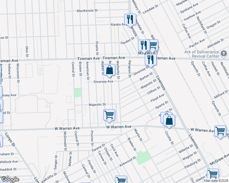 map of restaurants, bars, coffee shops, grocery stores, and more near 7450 Burnette Street in Detroit