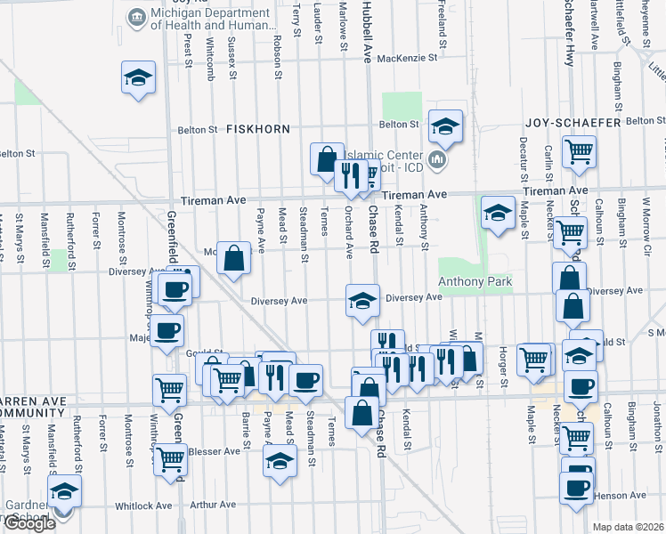 map of restaurants, bars, coffee shops, grocery stores, and more near 7631 Orchard Avenue in Dearborn
