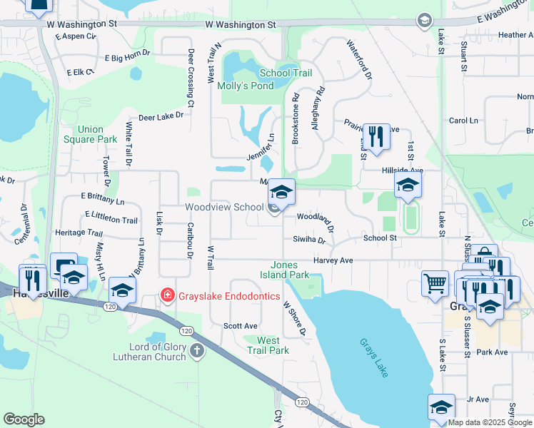 map of restaurants, bars, coffee shops, grocery stores, and more near 340 North Alleghany Road in Grayslake