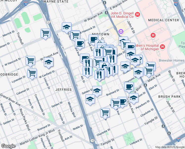 map of restaurants, bars, coffee shops, grocery stores, and more near 711 West Alexandrine Street in Detroit