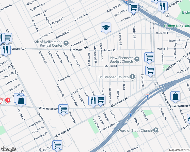map of restaurants, bars, coffee shops, grocery stores, and more near 6051 Whitewood Street in Detroit
