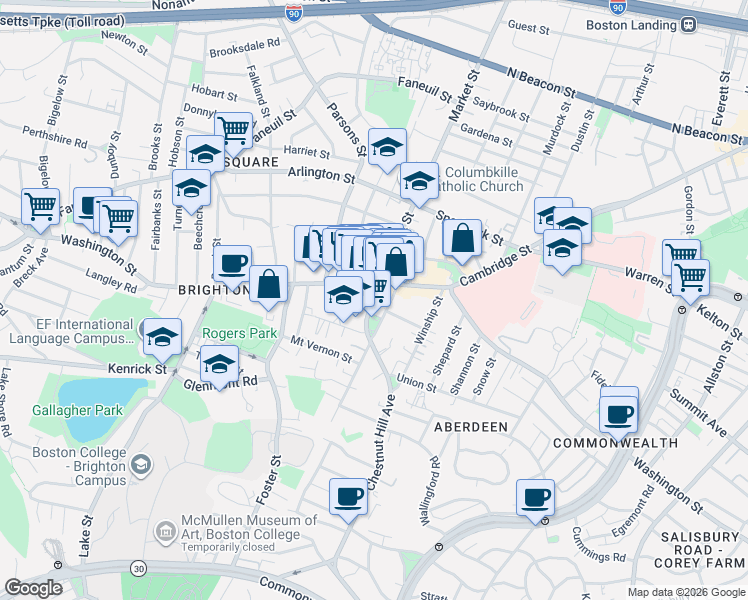 map of restaurants, bars, coffee shops, grocery stores, and more near 9 Chestnut Hill Avenue in Boston