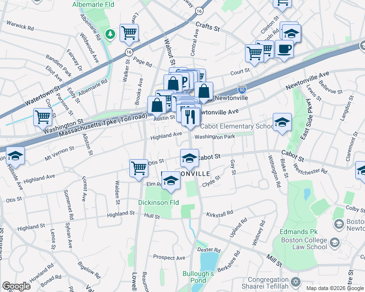map of restaurants, bars, coffee shops, grocery stores, and more near 22 Walnut Place in Newton