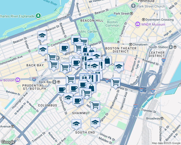 map of restaurants, bars, coffee shops, grocery stores, and more near 141 Arlington Street in Boston