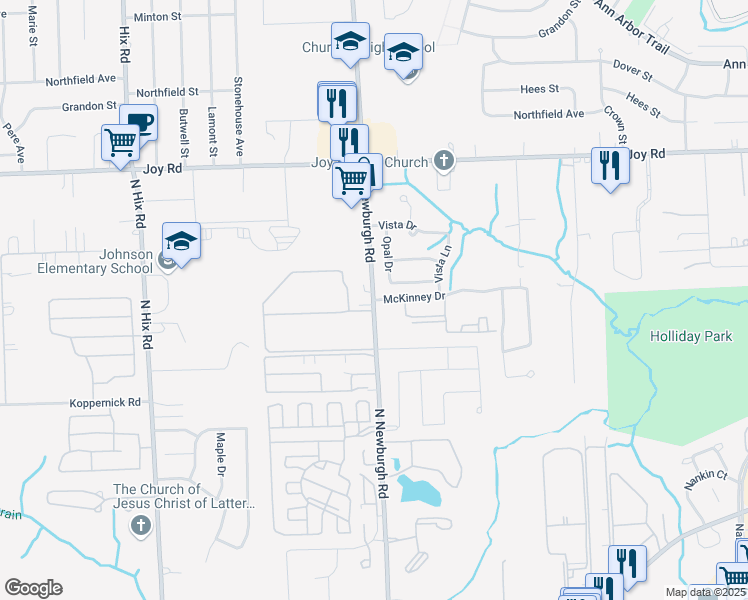 map of restaurants, bars, coffee shops, grocery stores, and more near 37115 McKinney Drive in Westland