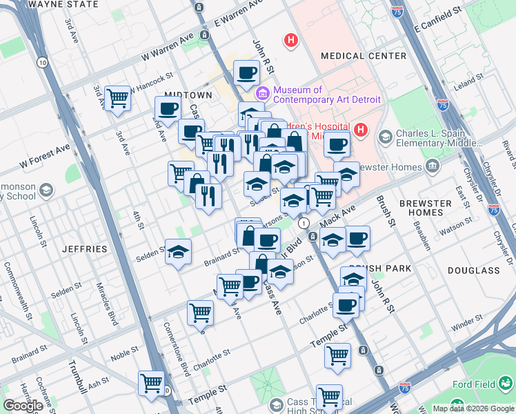 map of restaurants, bars, coffee shops, grocery stores, and more near 123 Selden Street in Detroit