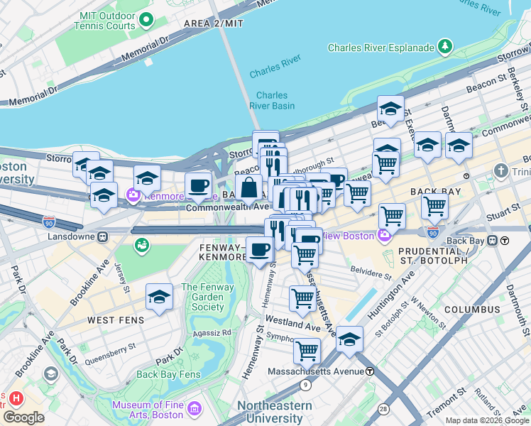 map of restaurants, bars, coffee shops, grocery stores, and more near 384 Commonwealth Avenue in Boston