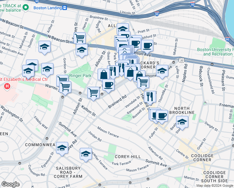 map of restaurants, bars, coffee shops, grocery stores, and more near 65 Brainerd Road in Boston