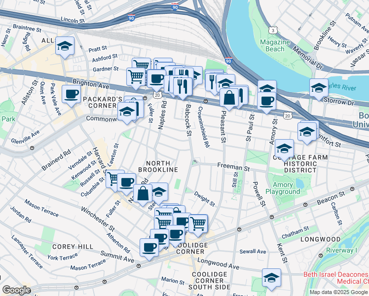 map of restaurants, bars, coffee shops, grocery stores, and more near 145 Babcock Street in Brookline