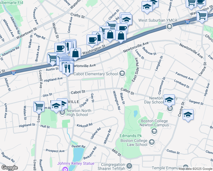 map of restaurants, bars, coffee shops, grocery stores, and more near 262 Cabot Street in Newton