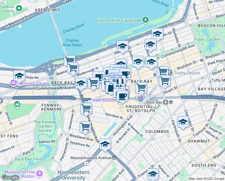 map of restaurants, bars, coffee shops, grocery stores, and more near None in Boston
