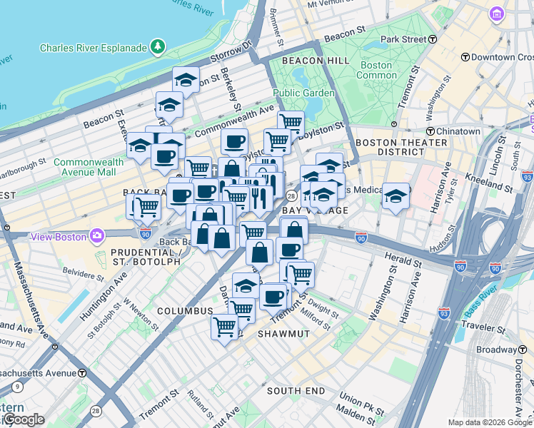 map of restaurants, bars, coffee shops, grocery stores, and more near 140 Berkeley Street in Boston