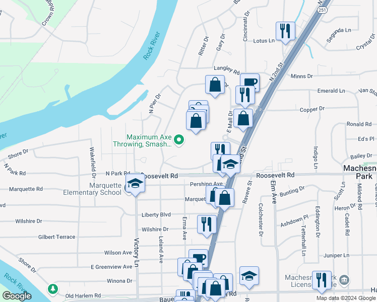 map of restaurants, bars, coffee shops, grocery stores, and more near 8702 North 2nd Street in Machesney Park