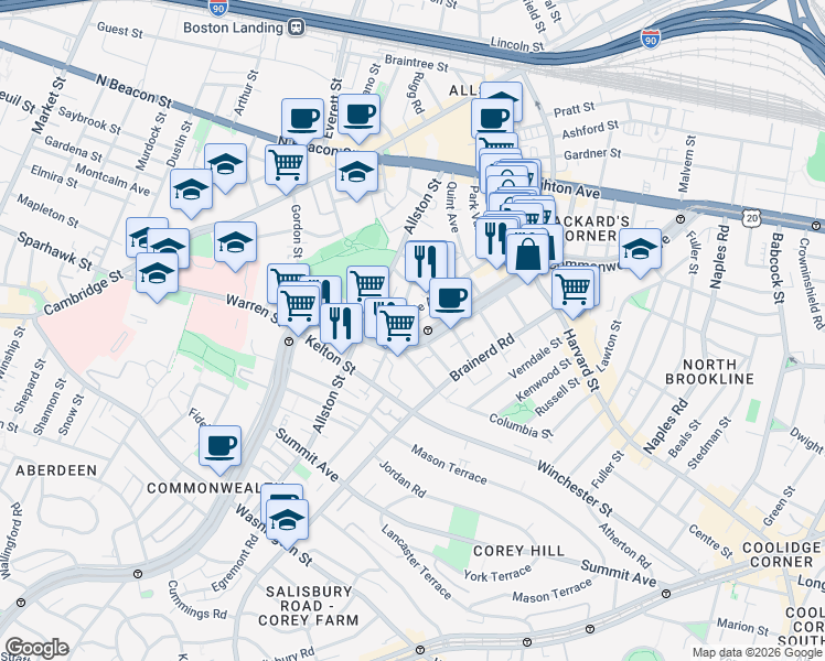 map of restaurants, bars, coffee shops, grocery stores, and more near 1348 Commonwealth Avenue in Boston