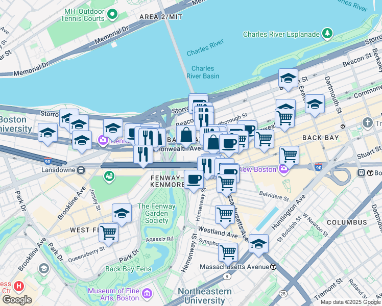 map of restaurants, bars, coffee shops, grocery stores, and more near 427 Newbury Street in Boston
