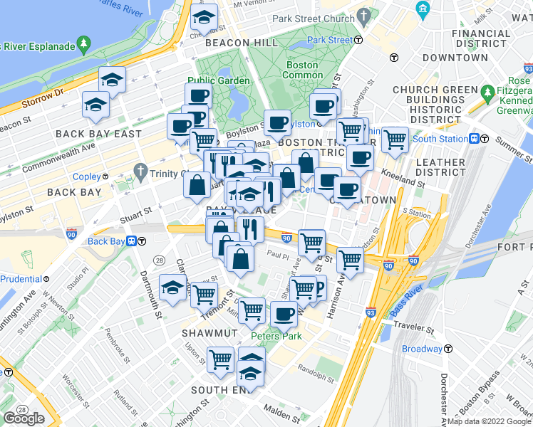 map of restaurants, bars, coffee shops, grocery stores, and more near 1 Bay Street in Boston