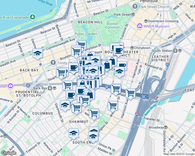 map of restaurants, bars, coffee shops, grocery stores, and more near 1 Bay Street in Boston