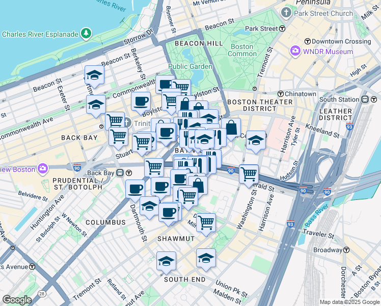 map of restaurants, bars, coffee shops, grocery stores, and more near in Boston