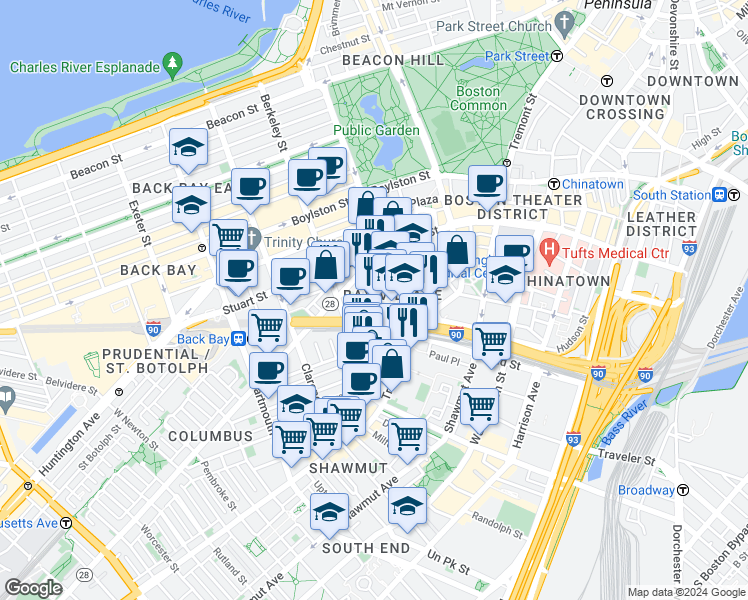 map of restaurants, bars, coffee shops, grocery stores, and more near in Boston