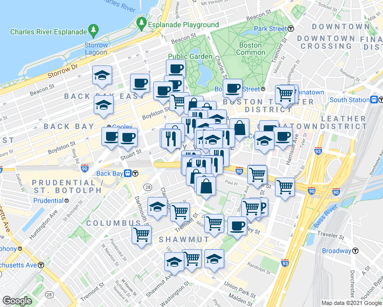 map of restaurants, bars, coffee shops, grocery stores, and more near in Boston