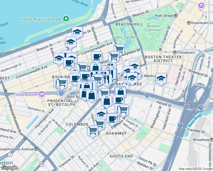 map of restaurants, bars, coffee shops, grocery stores, and more near in Boston