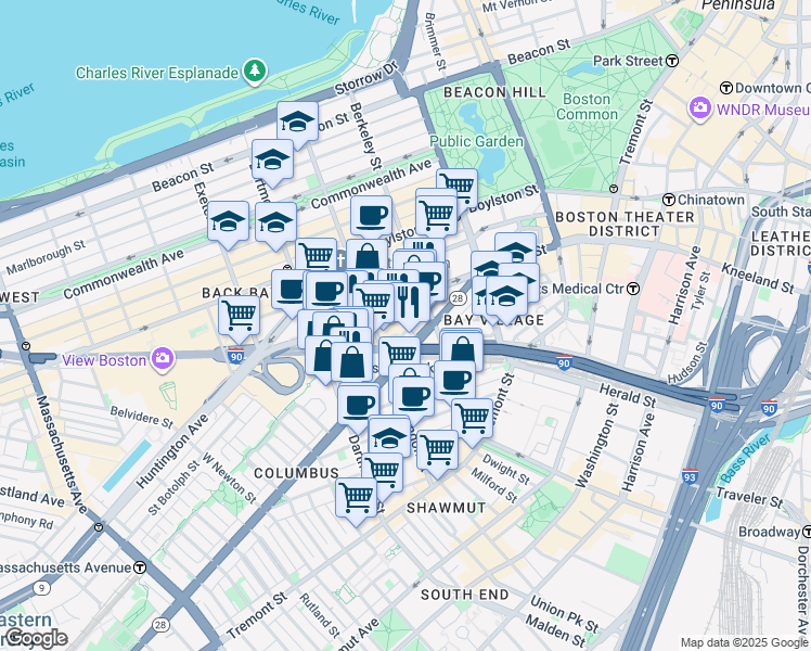 map of restaurants, bars, coffee shops, grocery stores, and more near in Boston