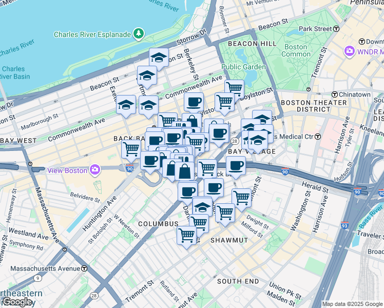 map of restaurants, bars, coffee shops, grocery stores, and more near 58 Trinity Place in Boston