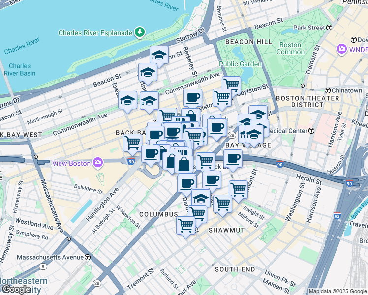 map of restaurants, bars, coffee shops, grocery stores, and more near 58 Trinity Place in Boston